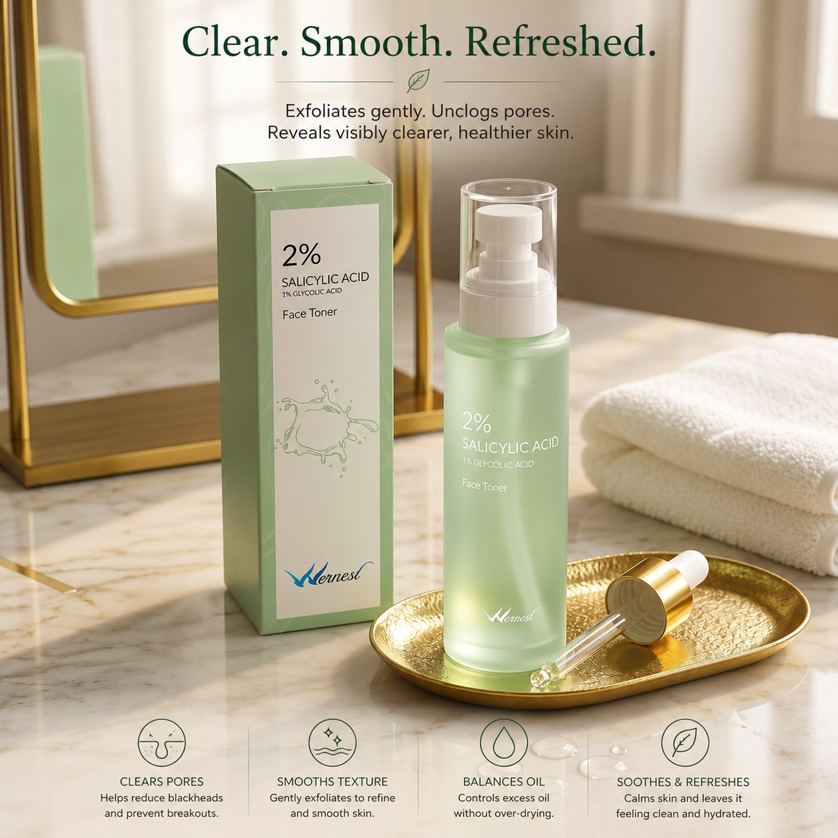 Wernest 2% Salicylic Acid and 1% Glycolic Acid Exfoliating Toner for clearer-looking skin
